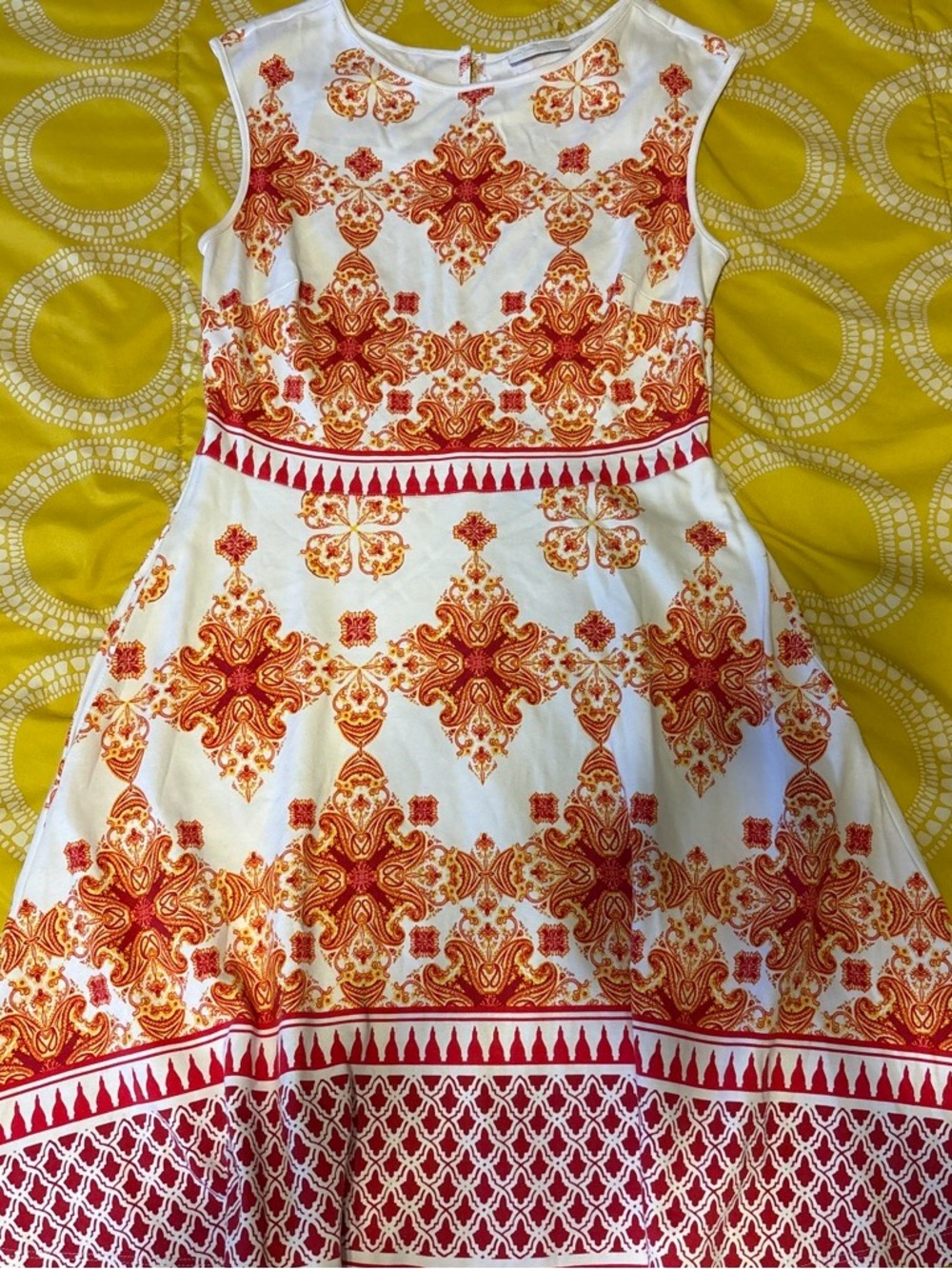New York & Company White Dress with Orange and Red Medallion Print